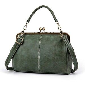 Women's Green PU Leather Soft Kiss Lock Vintage Top Handle Crossbody Satchel Bag